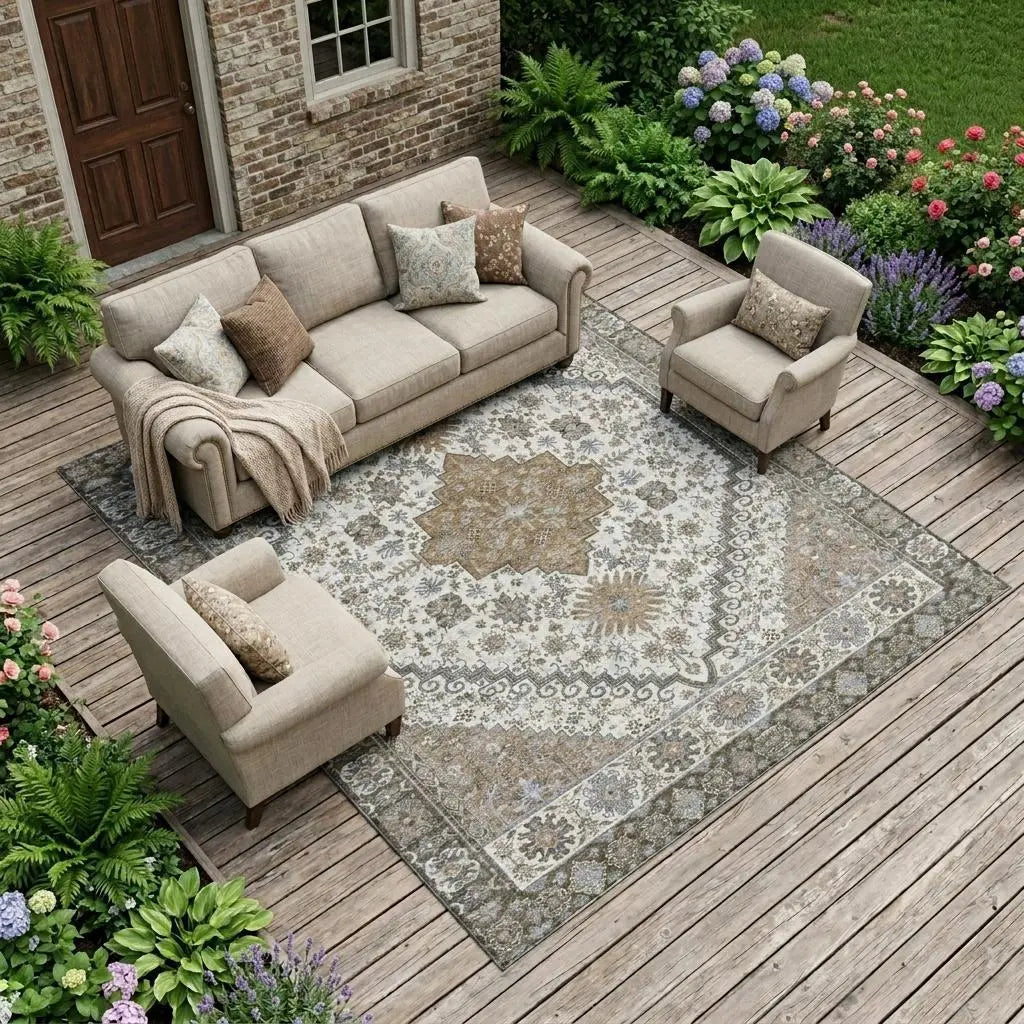 9' X 12' Pearl And Ivory Oriental Washable Indoor Outdoor Area Rug Homeroots Outdoor