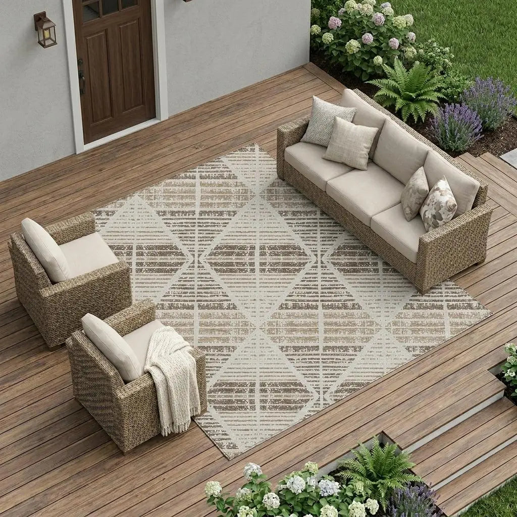 9' X 12' Pearl And Navy Blue Geometric Washable Indoor Outdoor Area Rug Homeroots Outdoor