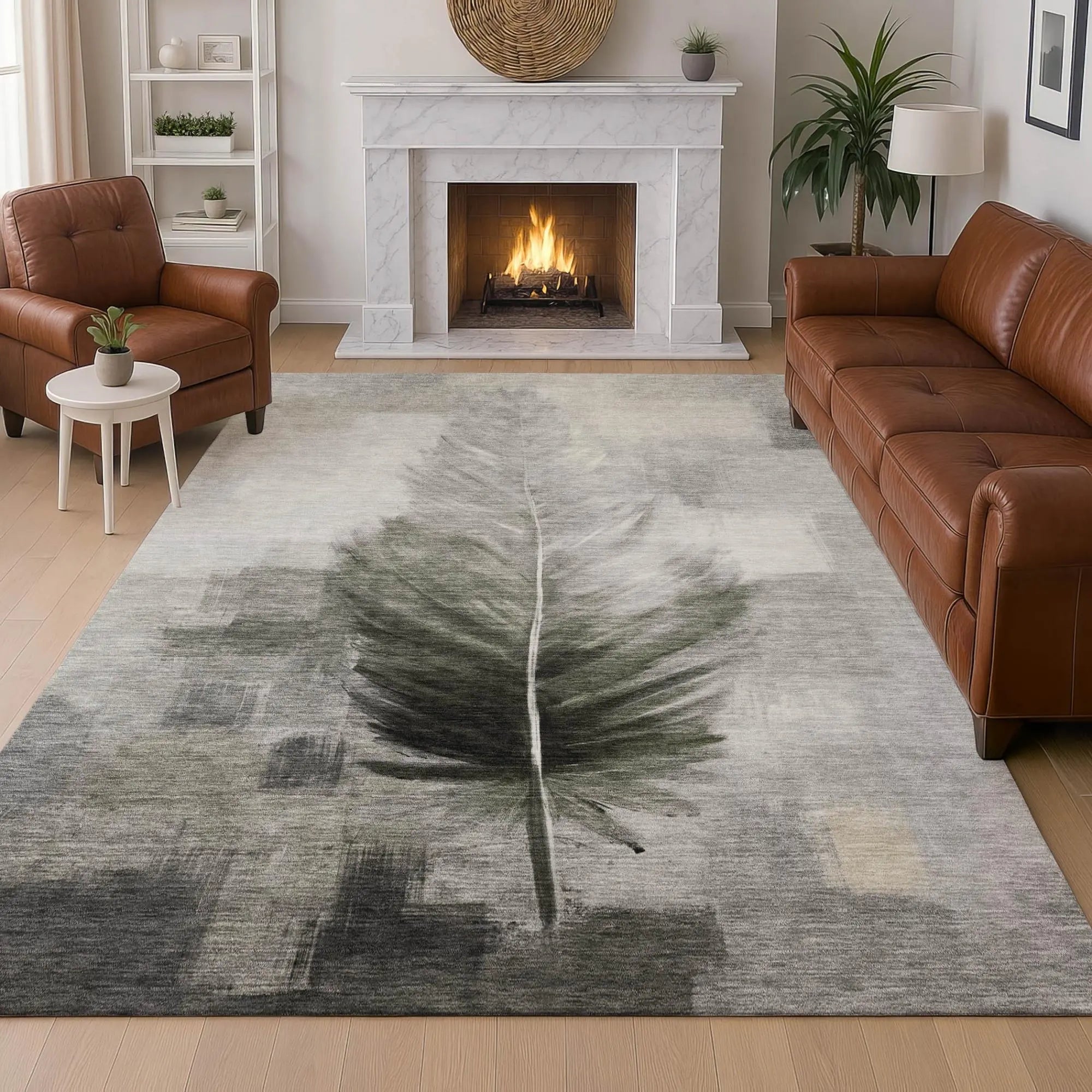 9' X 12' Pewter And Gray Botanical Leaves Washable Indoor Outdoor Area Rug Homeroots Outdoor