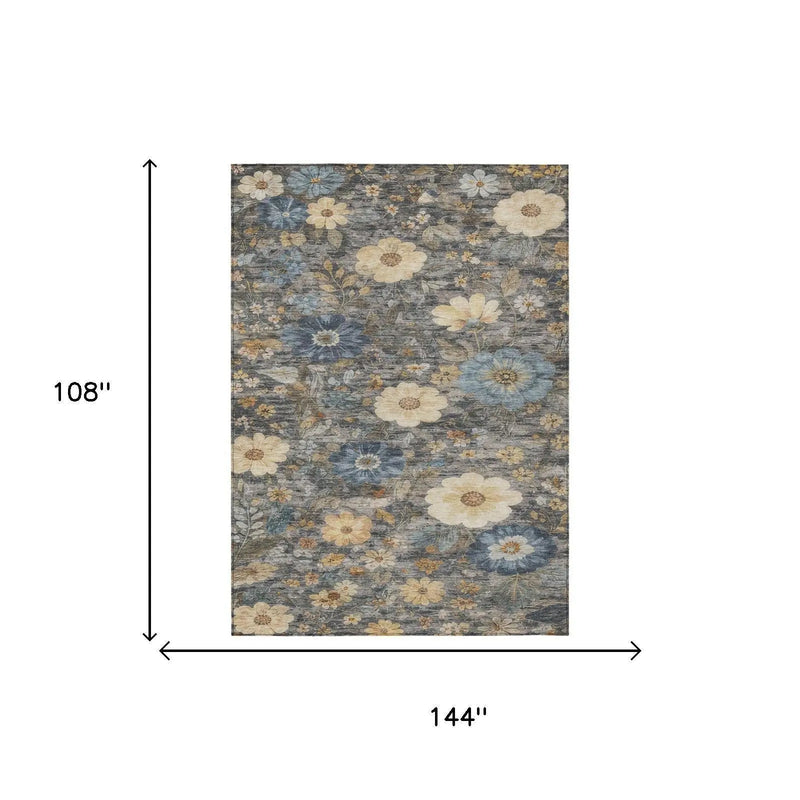 9' X 12' Pewter And Gray Floral Washable Indoor Outdoor Area Rug Homeroots Outdoor