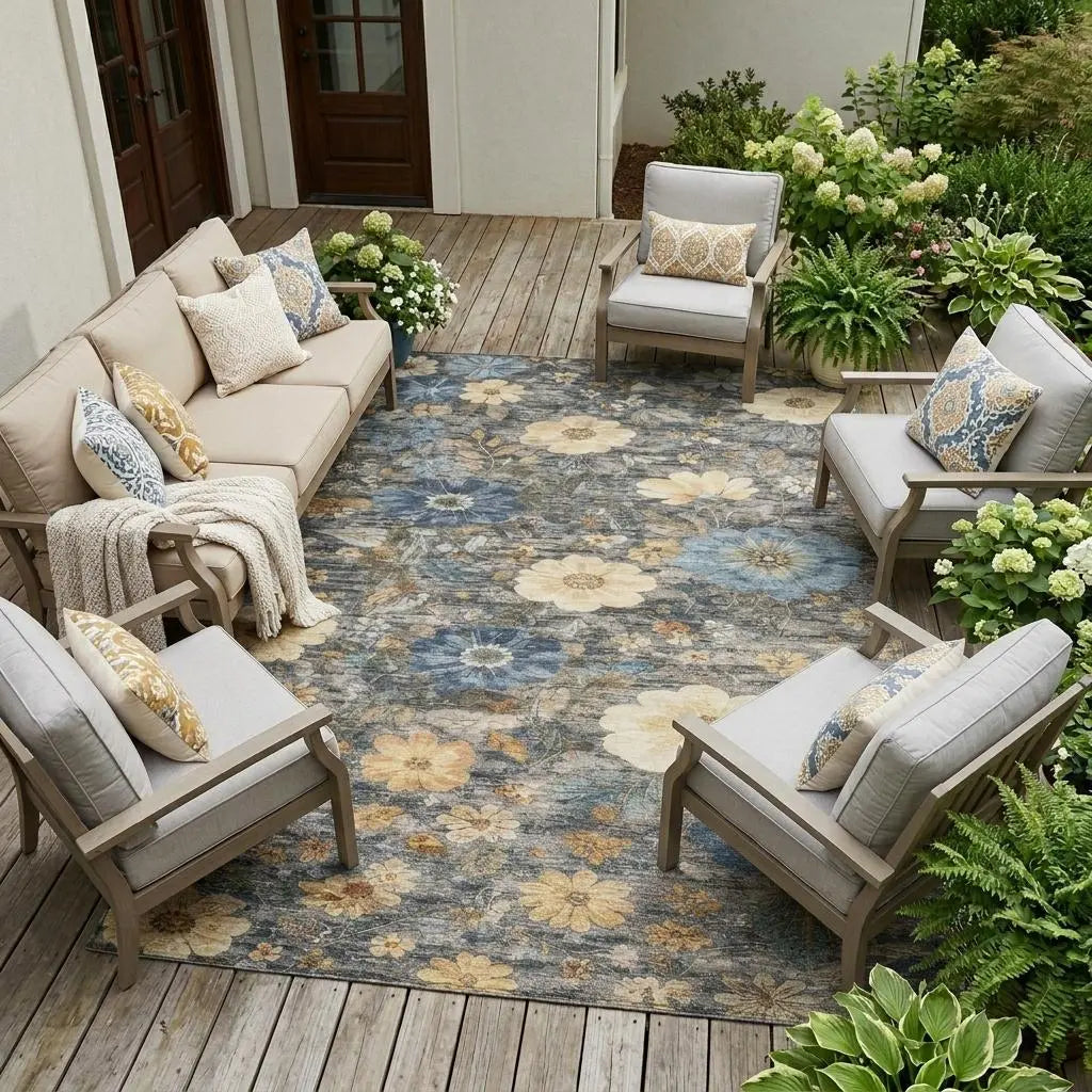 9' X 12' Pewter And Gray Floral Washable Indoor Outdoor Area Rug Homeroots Outdoor