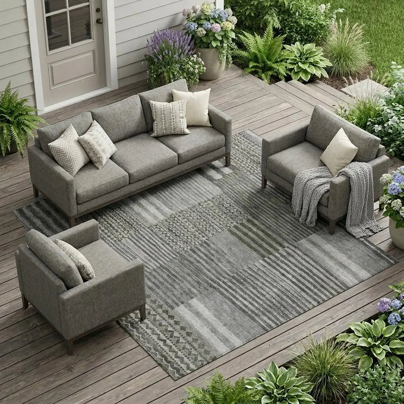 9' X 12' Pewter And Gray Striped Washable Indoor Outdoor Area Rug Homeroots Outdoor