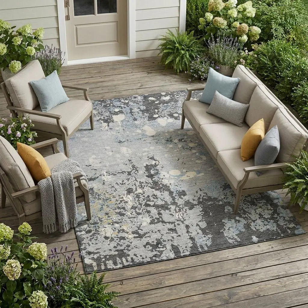 9' X 12' Pewter And Ivory Abstract Washable Indoor Outdoor Area Rug Homeroots Outdoor