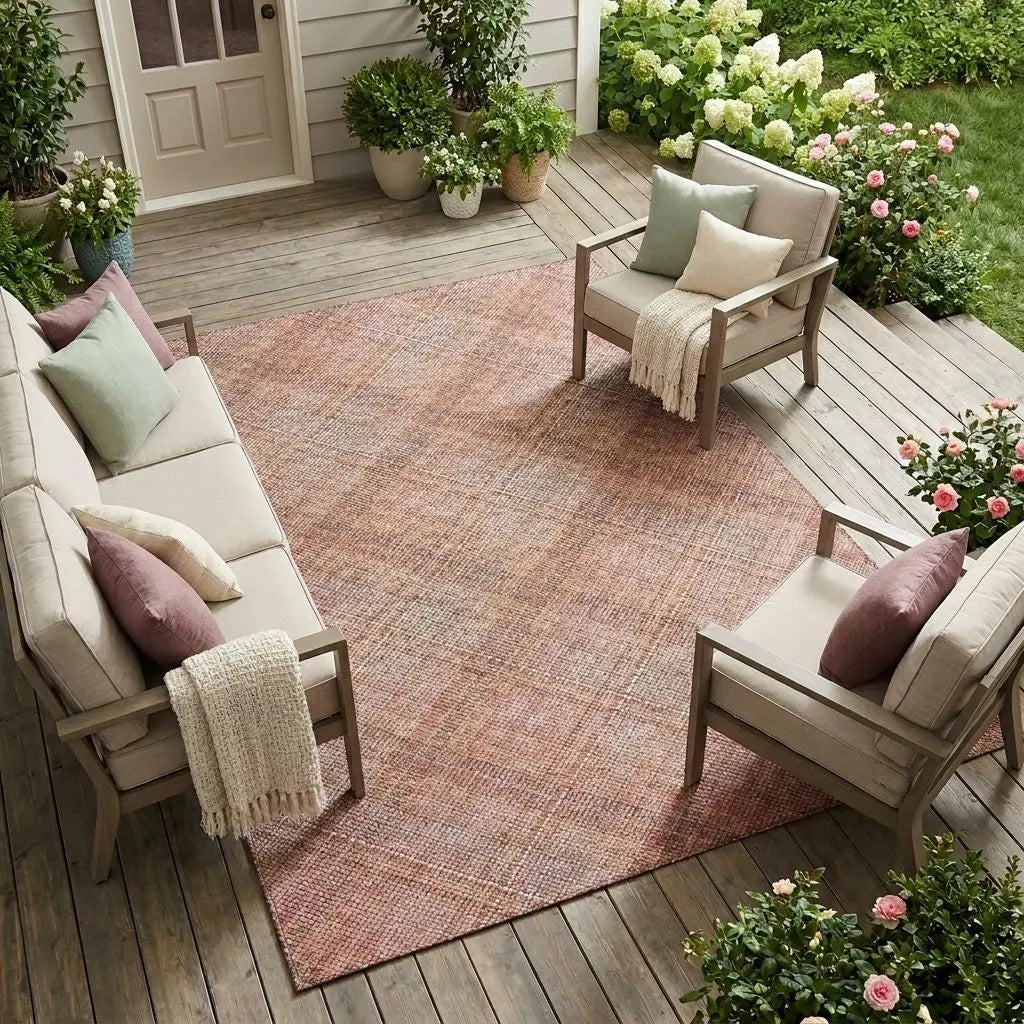 9' X 12' Pink And Beige Plaid Washable Indoor Outdoor Area Rug Homeroots Outdoor