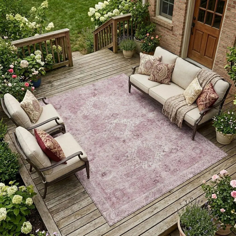 9' X 12' Pink And Blush Oriental Washable Indoor Outdoor Area Rug Homeroots Outdoor