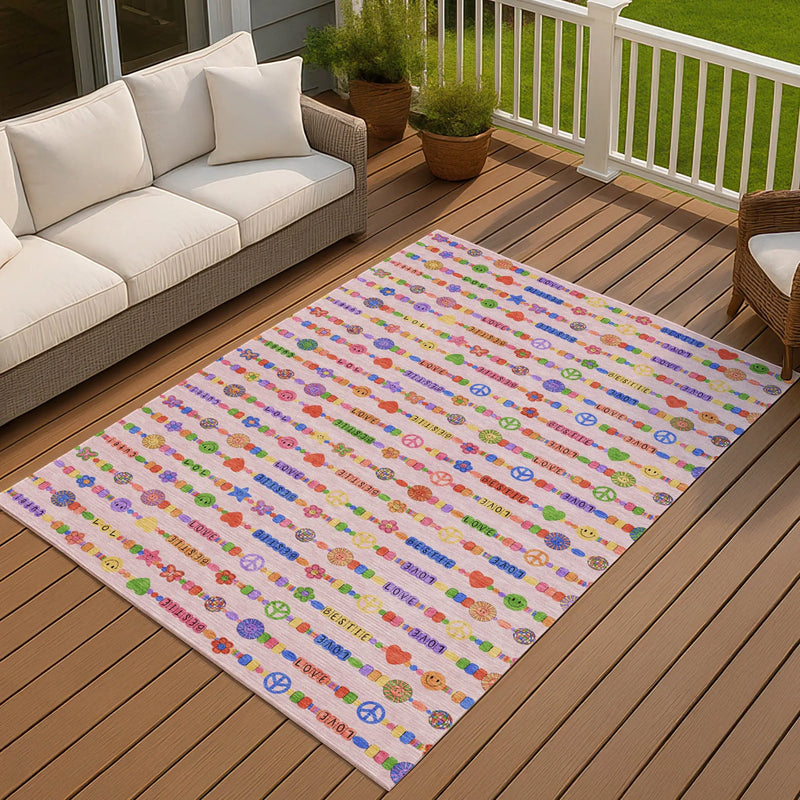 9' X 12' Pink And Fern Green Geometric Washable Indoor Outdoor Area Rug Homeroots Outdoor