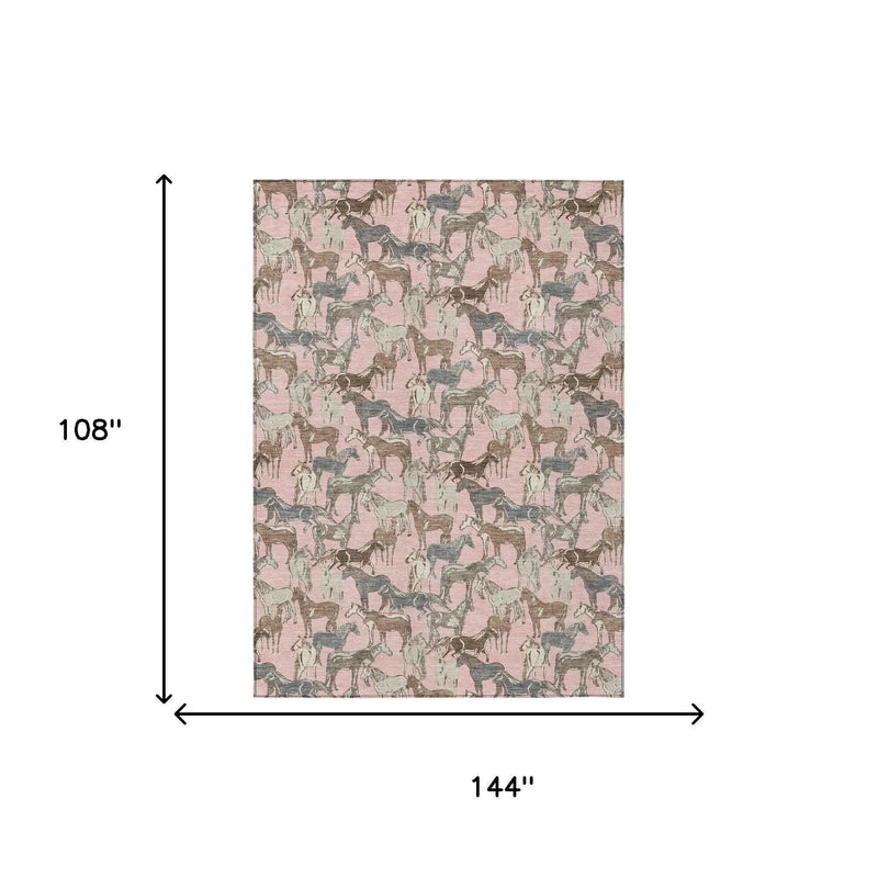 9' X 12' Pink And Gray Horse Washable Indoor Outdoor Area Rug Homeroots Outdoor