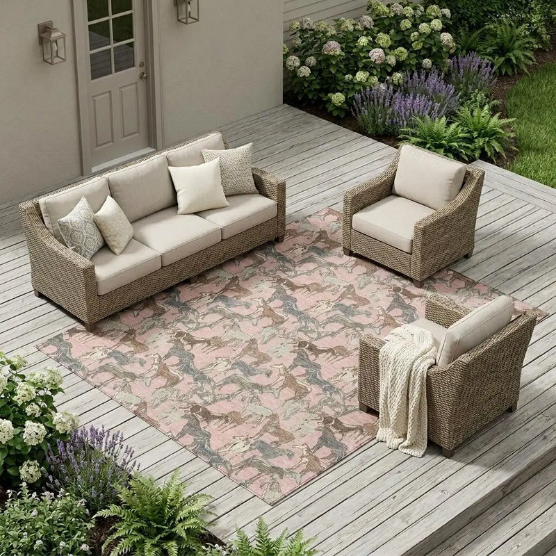9' X 12' Pink And Gray Horse Washable Indoor Outdoor Area Rug Homeroots Outdoor