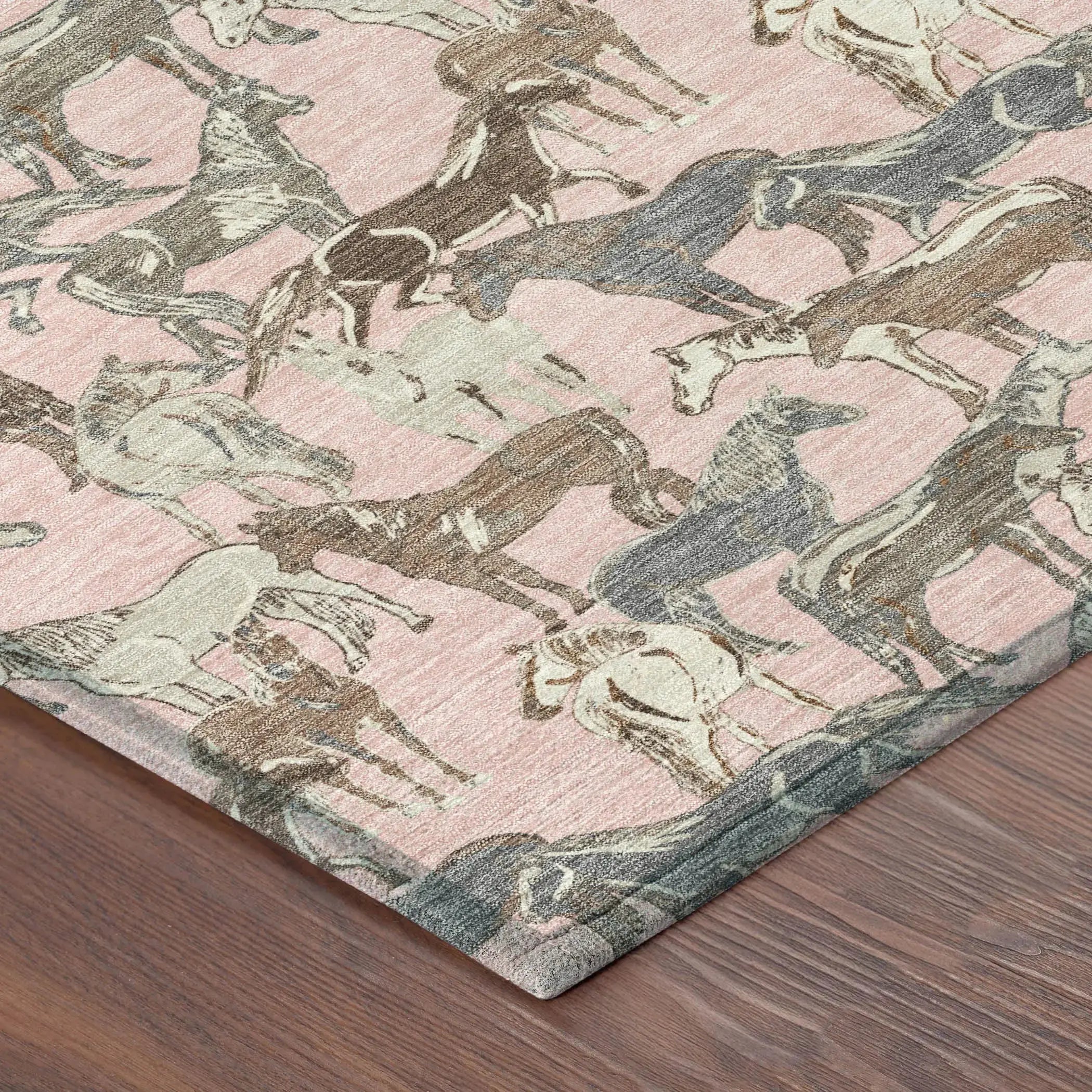 9' X 12' Pink And Gray Horse Washable Indoor Outdoor Area Rug Homeroots Outdoor