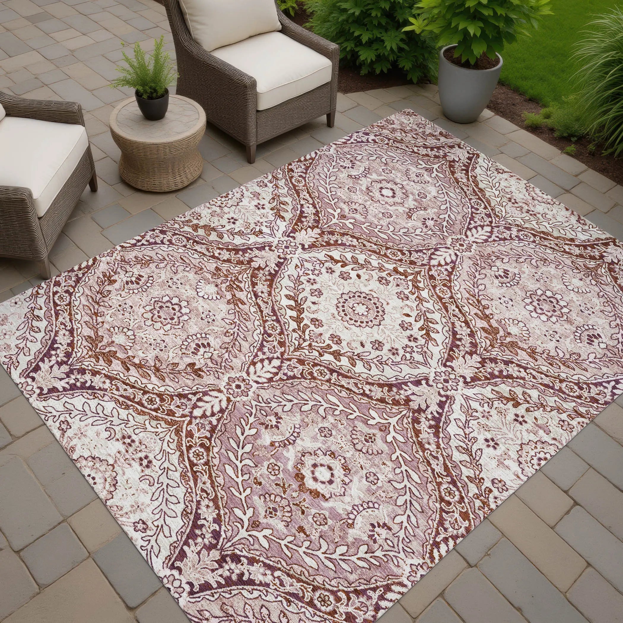 9' X 12' Pink And Green Ogee Washable Indoor Outdoor Area Rug Homeroots Outdoor