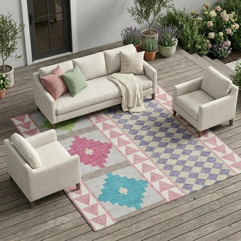 9' X 12' Pink And Ivory Southwestern Washable Indoor Outdoor Area Rug Homeroots Outdoor