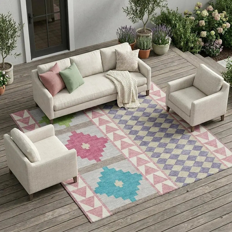 9' X 12' Pink And Ivory Southwestern Washable Indoor Outdoor Area Rug Homeroots Outdoor