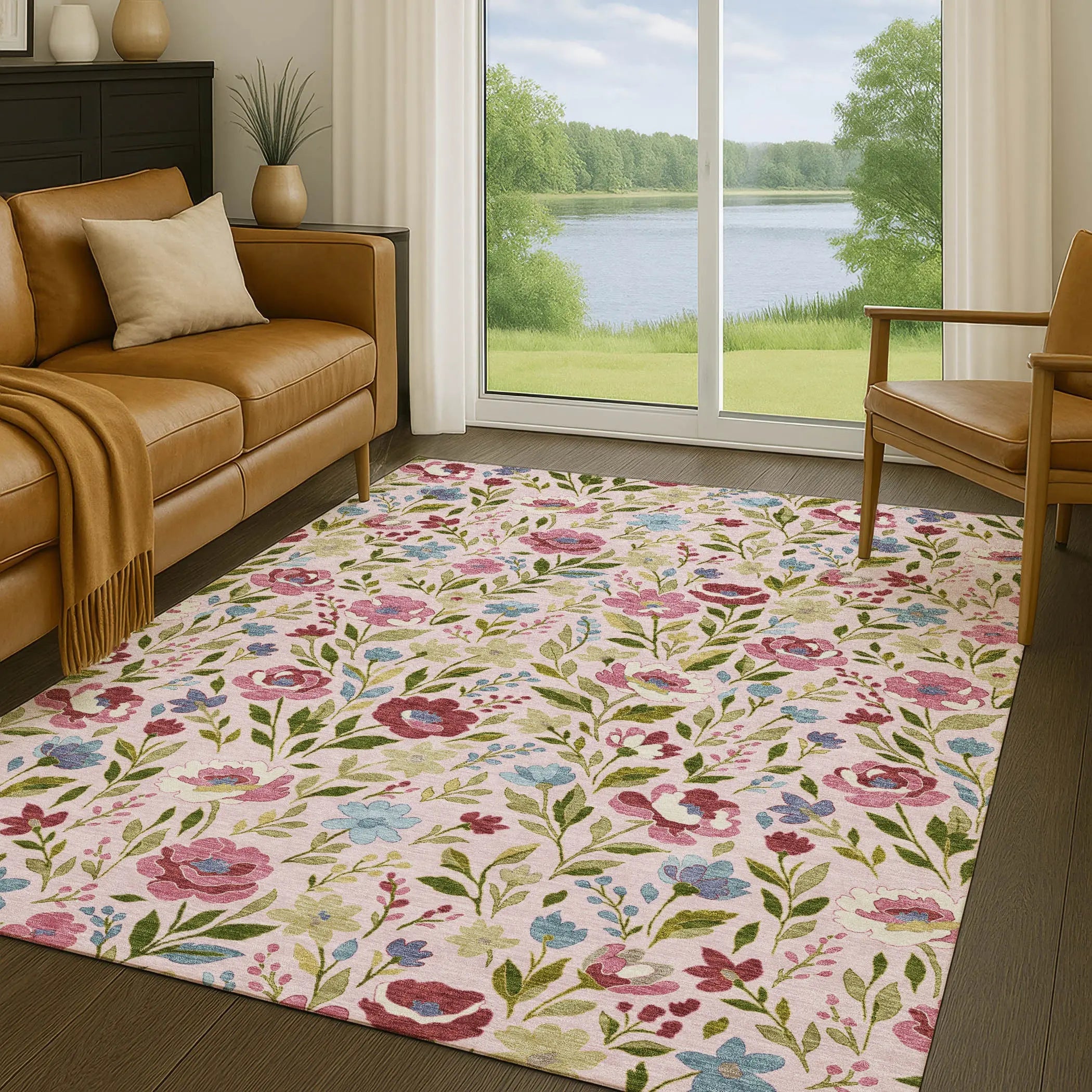 9' X 12' Pink And Linen Floral Washable Indoor Outdoor Area Rug Homeroots Outdoor