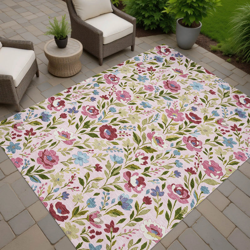 9' X 12' Pink And Linen Floral Washable Indoor Outdoor Area Rug Homeroots Outdoor