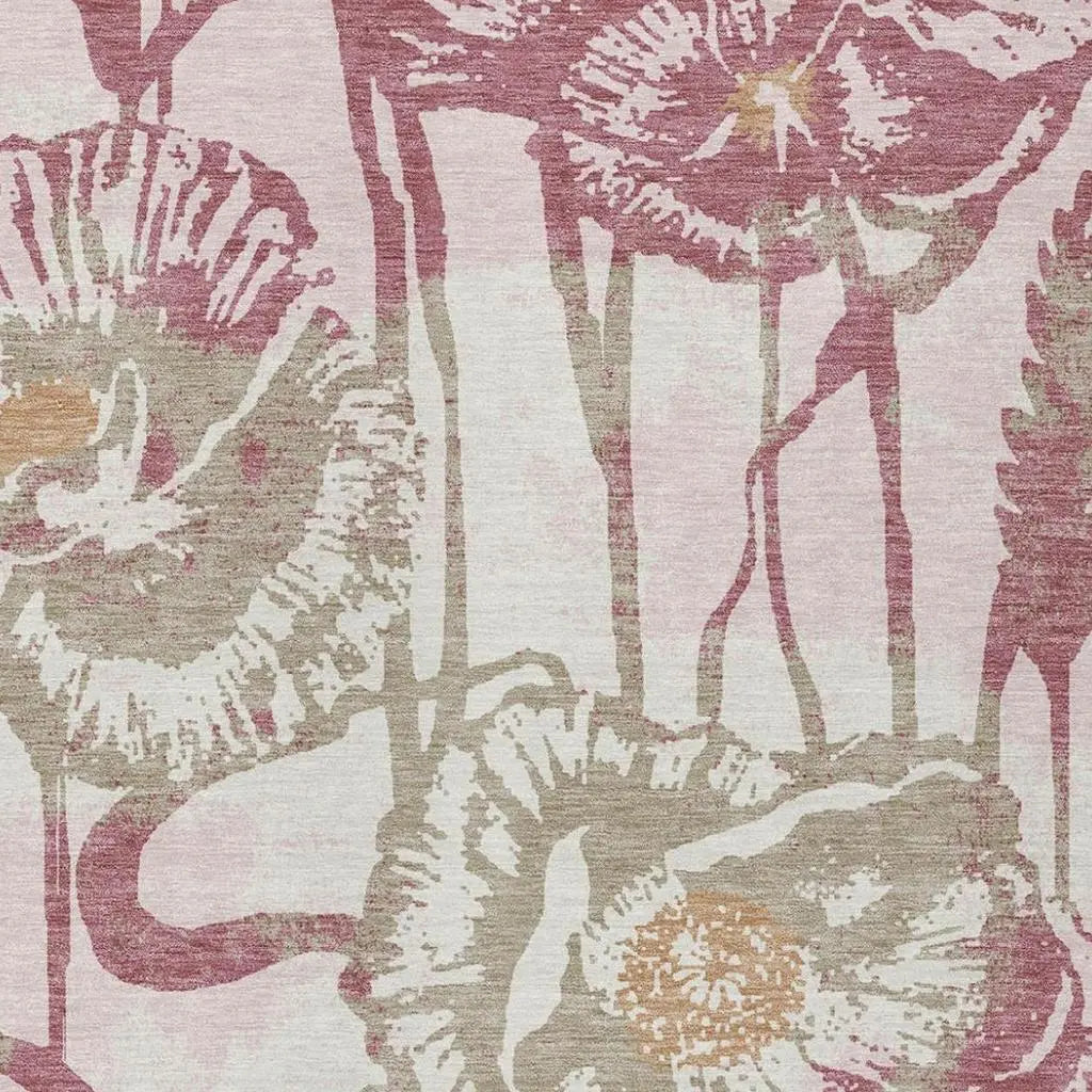 9' X 12' Pink And Linen Floral Washable Indoor Outdoor Area Rug Homeroots Outdoor