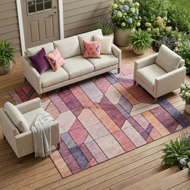 9' X 12' Pink And Mauve Geometric Washable Indoor Outdoor Area Rug Homeroots Outdoor
