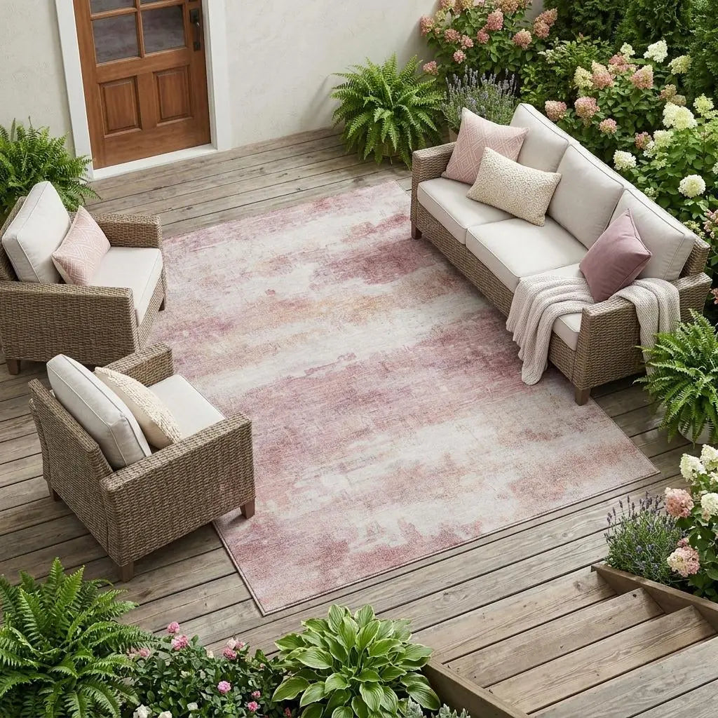 9' X 12' Pink And Tan Abstract Washable Indoor Outdoor Area Rug Homeroots Outdoor
