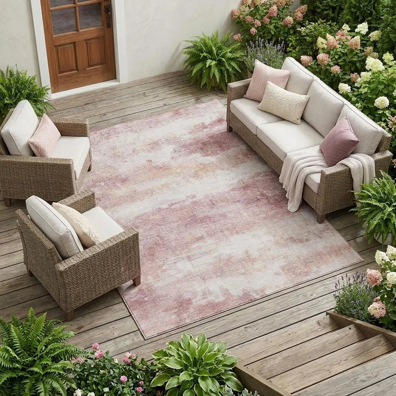 9' X 12' Pink And Tan Abstract Washable Indoor Outdoor Area Rug Homeroots Outdoor
