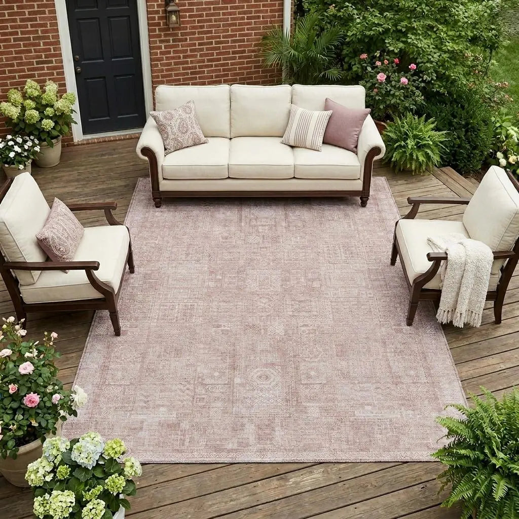 9' X 12' Pink And Tan Oriental Washable Indoor Outdoor Area Rug Homeroots Outdoor