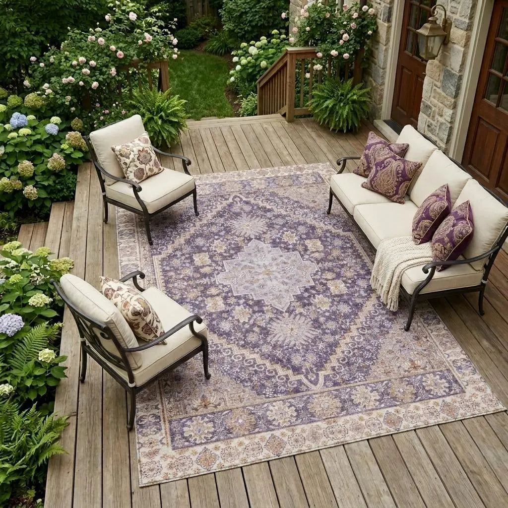 9' X 12' Purple And Blush Oriental Washable Indoor Outdoor Area Rug Homeroots Outdoor