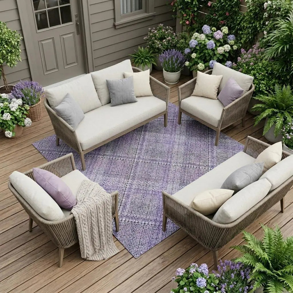 9' X 12' Purple And Lavender Plaid Washable Indoor Outdoor Area Rug Homeroots Outdoor