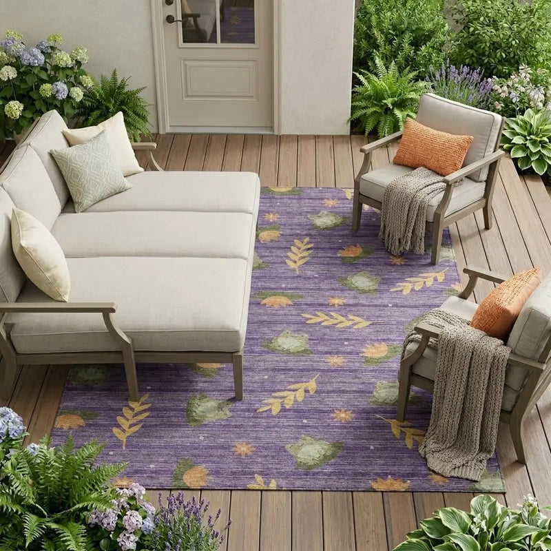 9' X 12' Purple And Lilac Botanical Leaves Washable Indoor Outdoor Area Rug Homeroots Outdoor