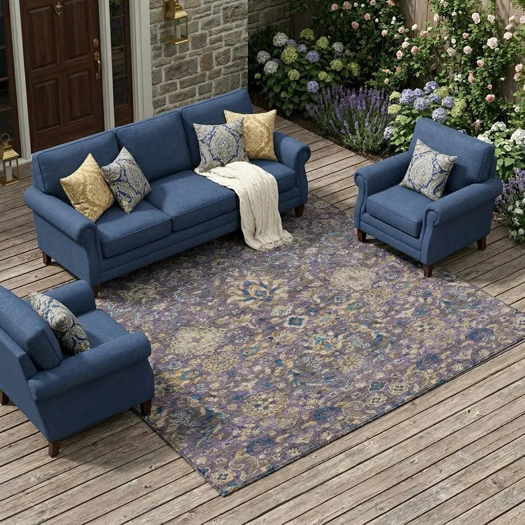 9' X 12' Purple And Plum Floral Medallion Washable Indoor Outdoor Area Rug Homeroots Outdoor