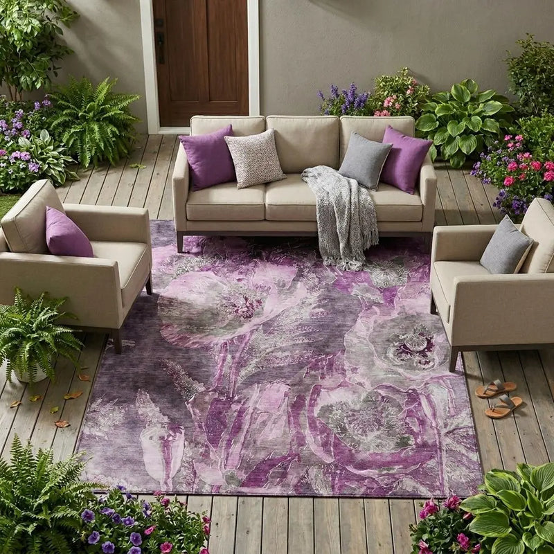 9' X 12' Purple And Plum Floral Washable Indoor Outdoor Area Rug Homeroots Outdoor