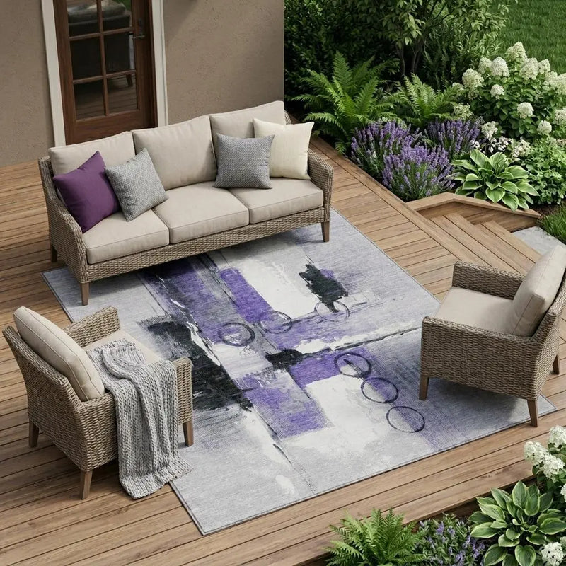 9' X 12' Purple And Silver Abstract Washable Indoor Outdoor Area Rug Homeroots Outdoor