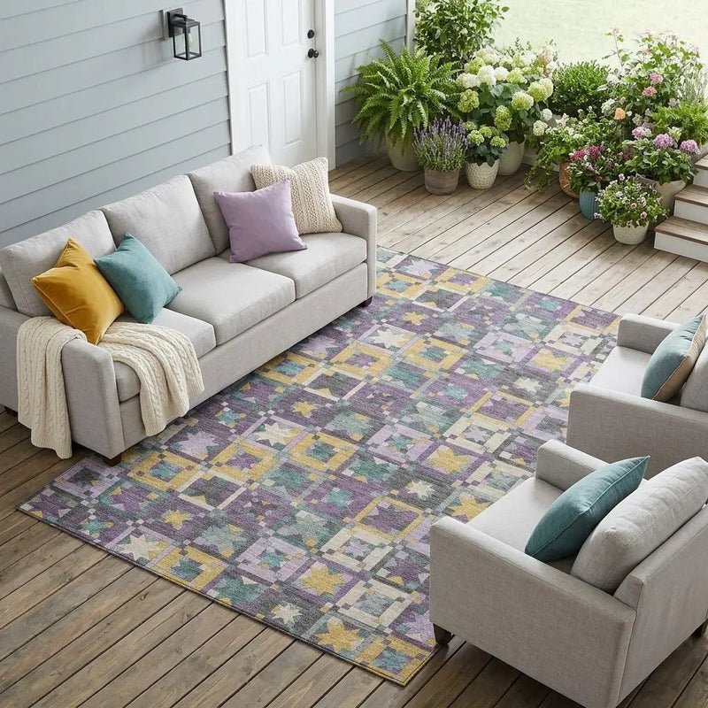 9' X 12' Purple And Teal Blue Patchwork Washable Indoor Outdoor Area Rug Homeroots Outdoor