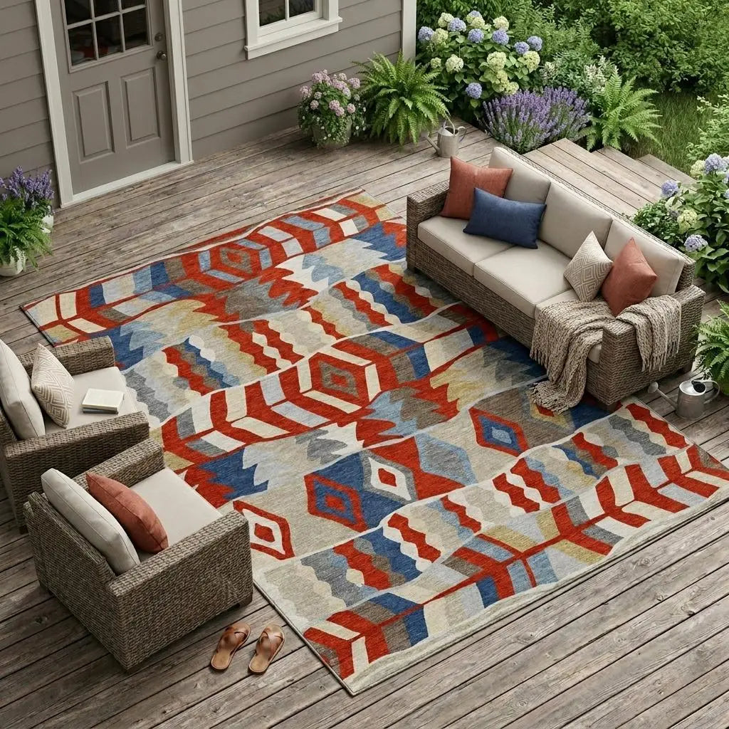 9' X 12' Red And Beige Geometric Washable Indoor Outdoor Area Rug Homeroots Outdoor