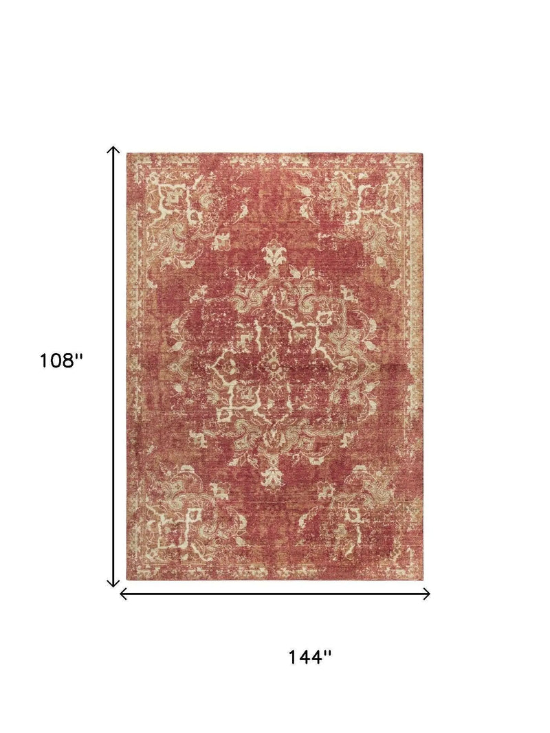 9' X 12' Red And Beige New Zealand Lambs Wool Medallion Hand Carved Handmade Area Rug Homeroots Home Decor