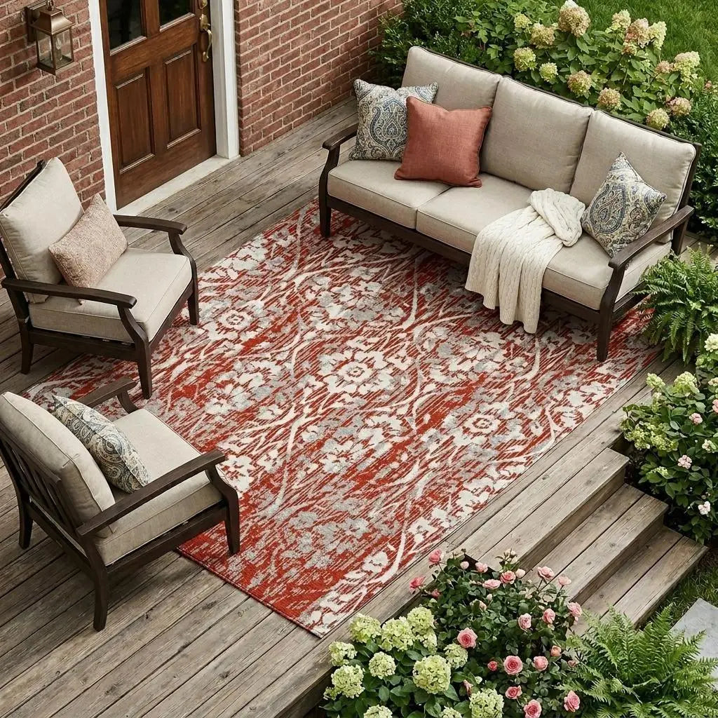 9' X 12' Red And Burgundy Damask Washable Indoor Outdoor Area Rug Homeroots Outdoor