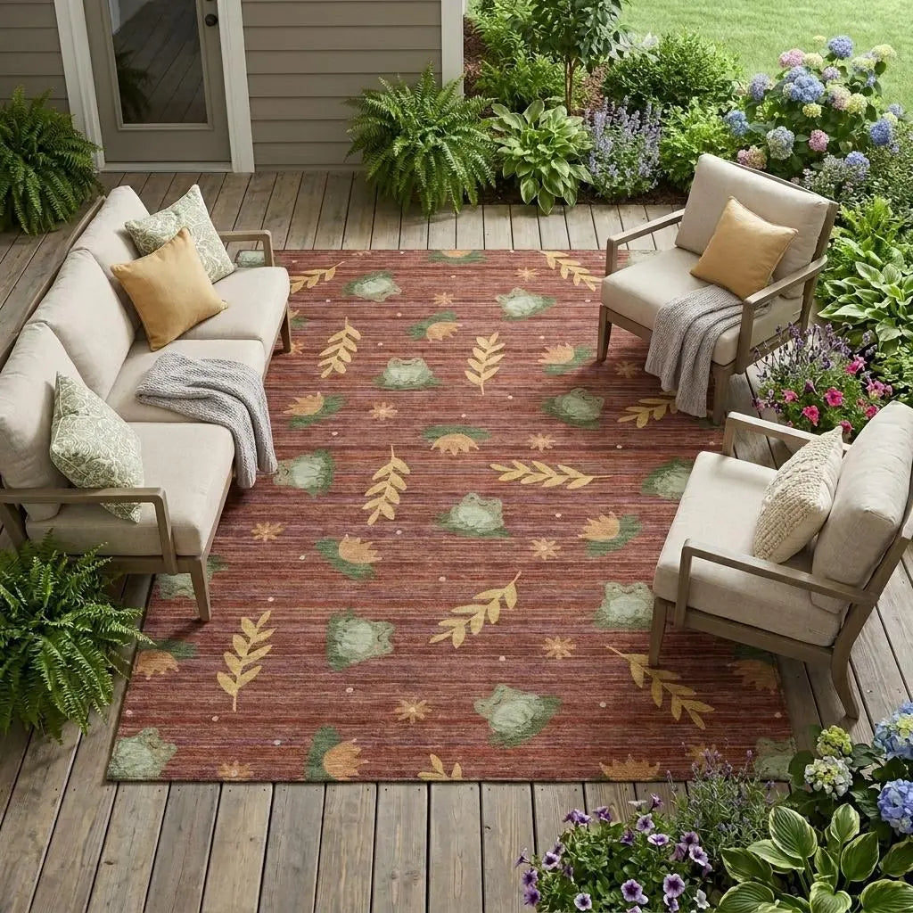 9' X 12' Red And Merlot Botanical Leaves Washable Indoor Outdoor Area Rug Homeroots Outdoor