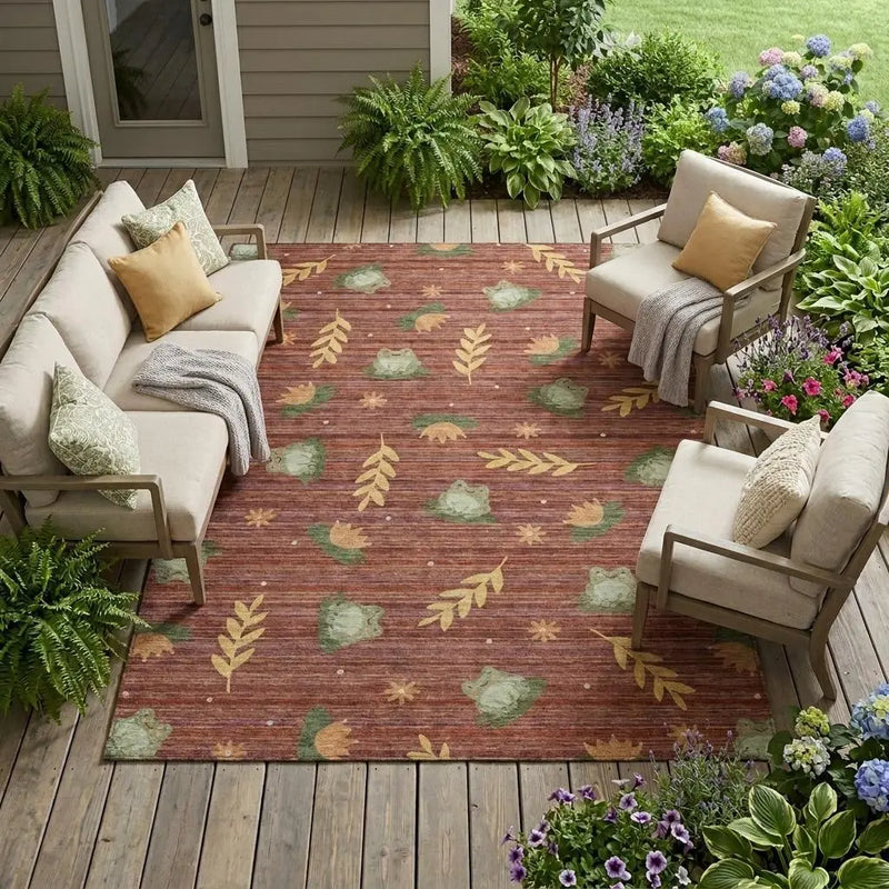 9' X 12' Red And Merlot Botanical Leaves Washable Indoor Outdoor Area Rug Homeroots Outdoor