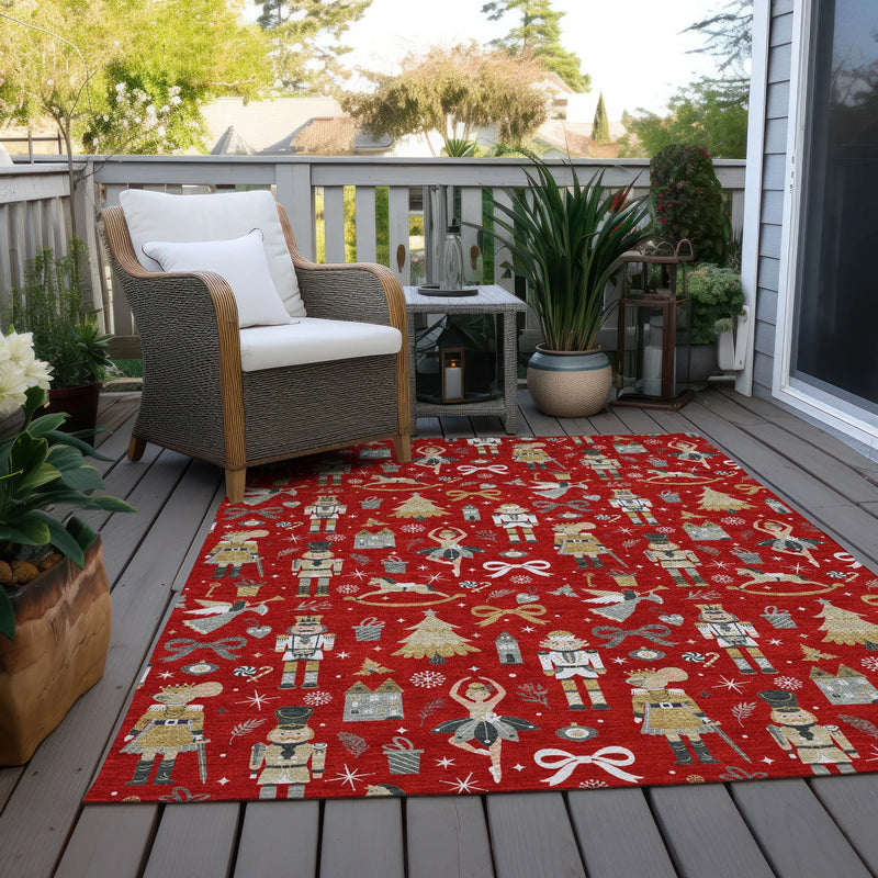 9' X 12' Red Gold Black And Gray Village House Washable Indoor Outdoor Area Rug Homeroots Outdoor