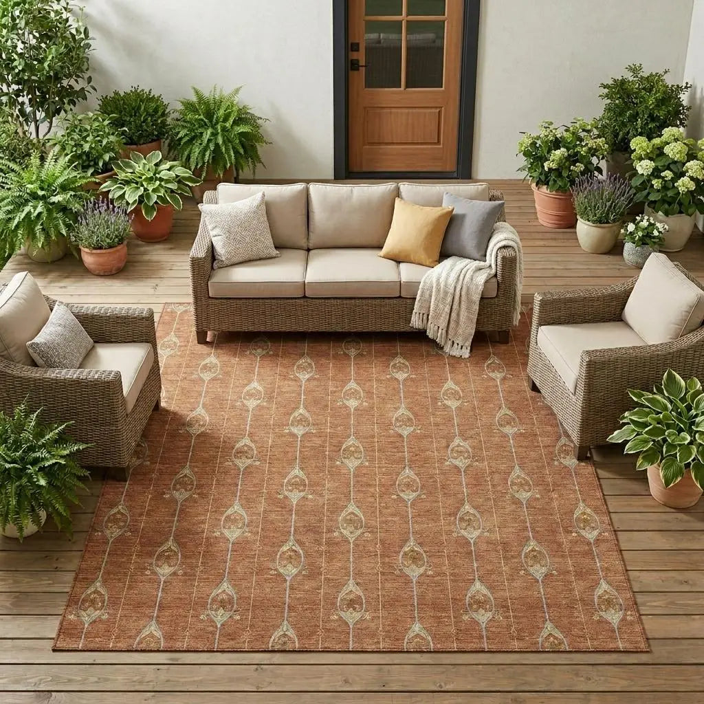 9' X 12' Rust And Linen Geometric Washable Indoor Outdoor Area Rug Homeroots Outdoor