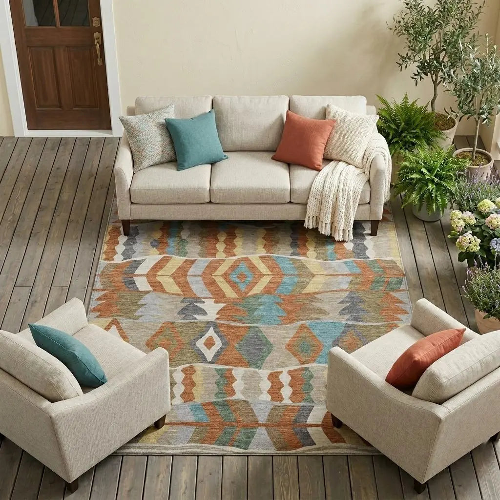 9' X 12' Rust And Orange Geometric Washable Indoor Outdoor Area Rug Homeroots Outdoor