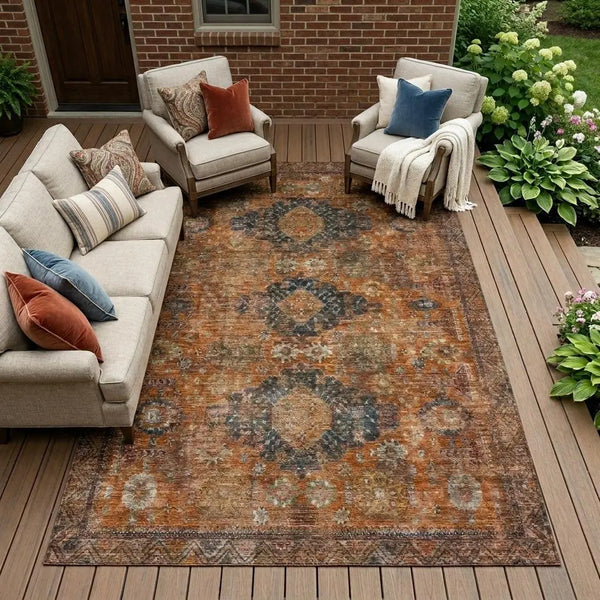 9' X 12' Rust And Orange Oriental Washable Indoor Outdoor Area Rug Homeroots Outdoor
