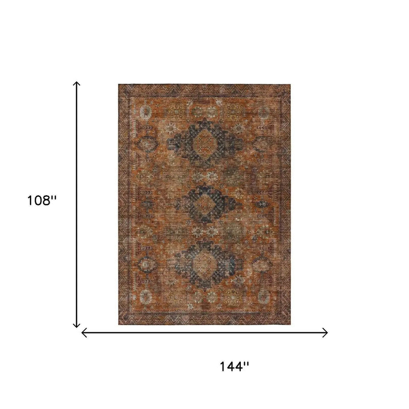 9' X 12' Rust And Orange Oriental Washable Indoor Outdoor Area Rug Homeroots Outdoor