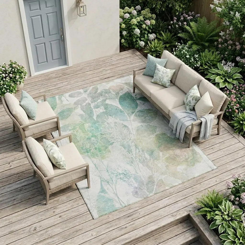 9' X 12' Sage And Green Botanical Leaves Washable Indoor Outdoor Area Rug Homeroots Outdoor
