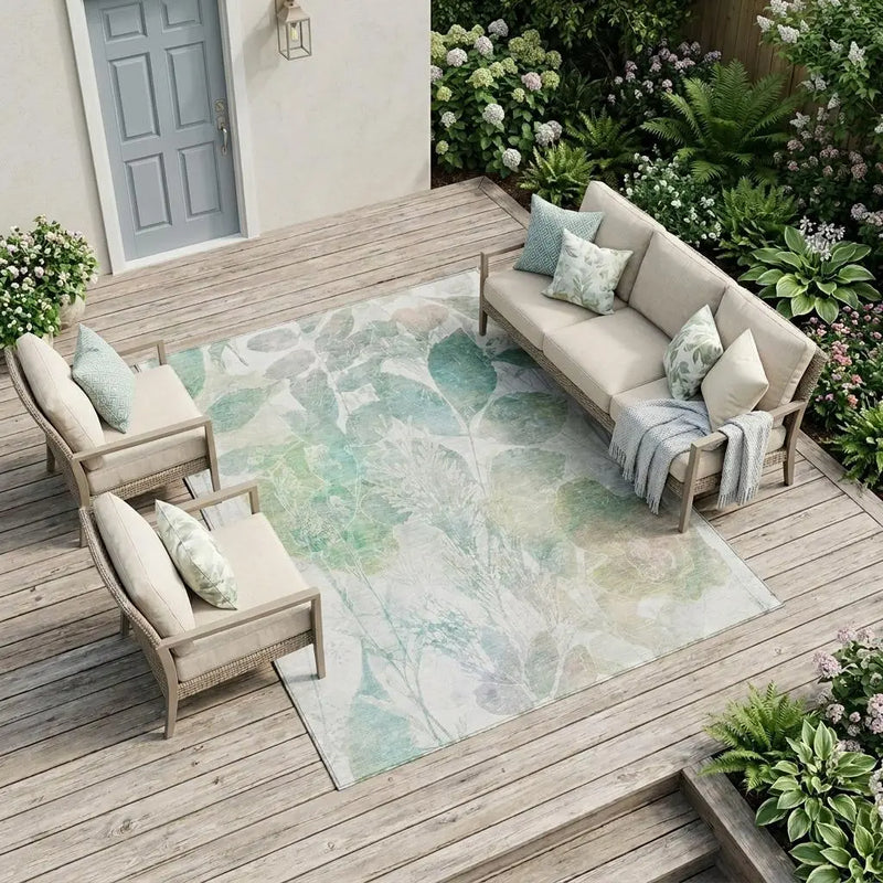 9' X 12' Sage And Green Botanical Leaves Washable Indoor Outdoor Area Rug Homeroots Outdoor