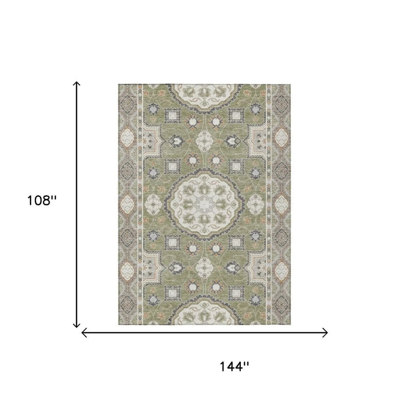 9' X 12' Sage And Green Floral Medallion Washable Indoor Outdoor Area Rug Homeroots Outdoor