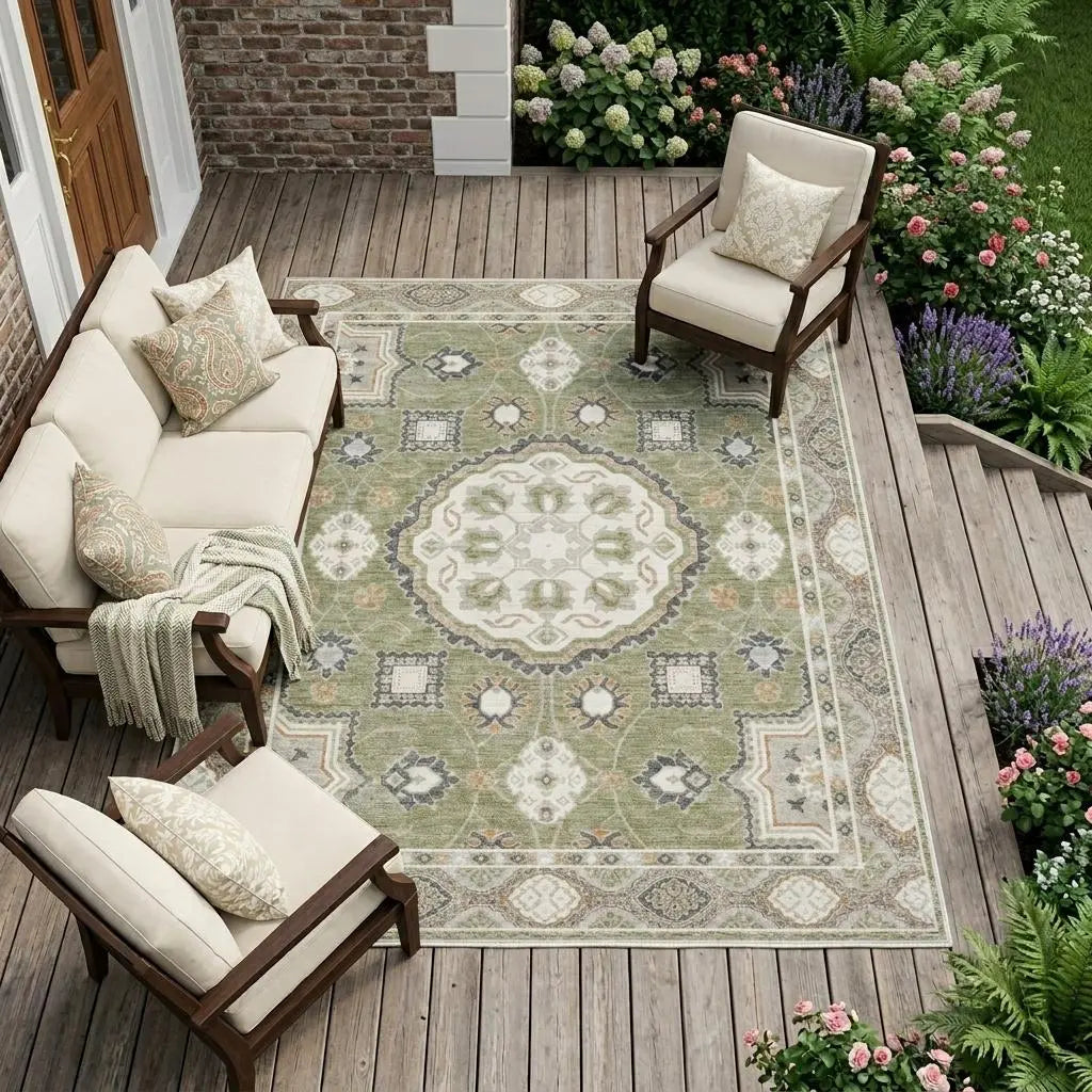 9' X 12' Sage And Green Floral Medallion Washable Indoor Outdoor Area Rug Homeroots Outdoor