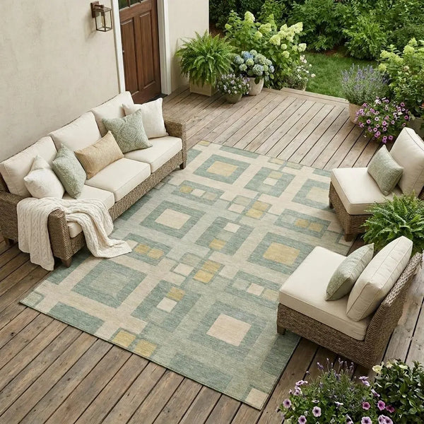 9' X 12' Sage And Green Geometric Washable Indoor Outdoor Area Rug Homeroots Outdoor