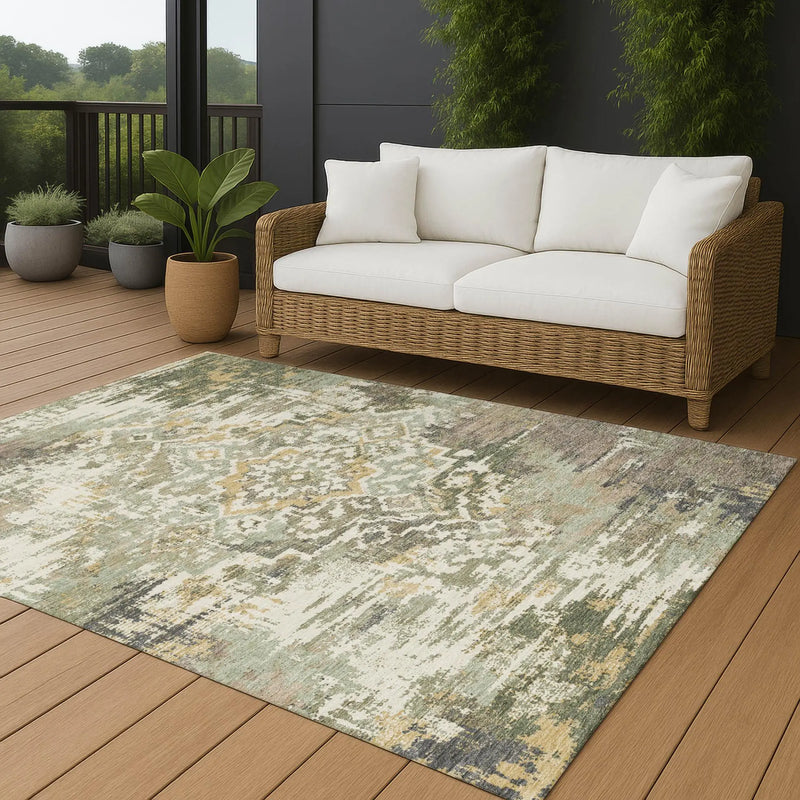 9' X 12' Sage And Green Medallion Washable Indoor Outdoor Area Rug Homeroots Outdoor