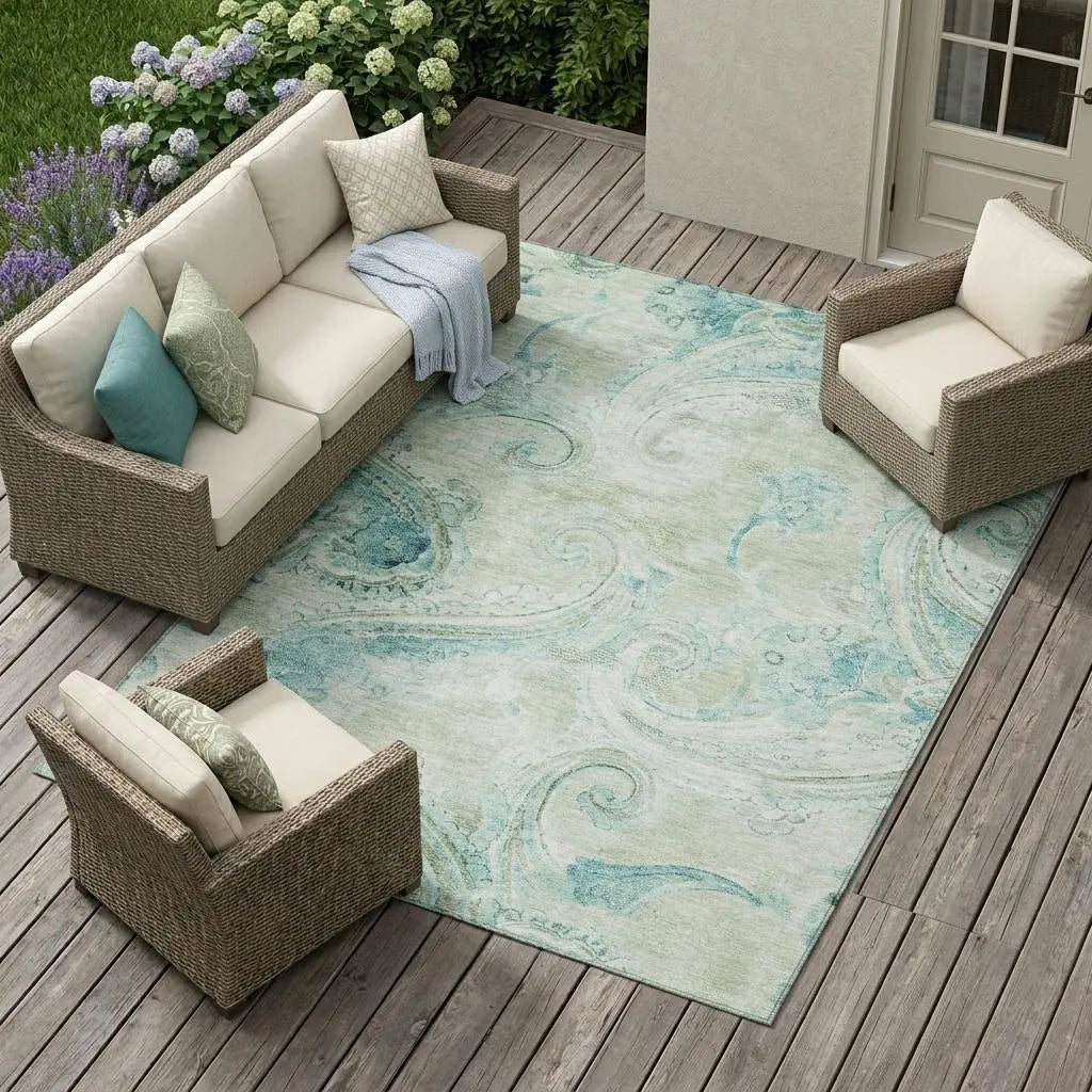 9' X 12' Sage And Green Paisley Washable Indoor Outdoor Area Rug Homeroots Outdoor