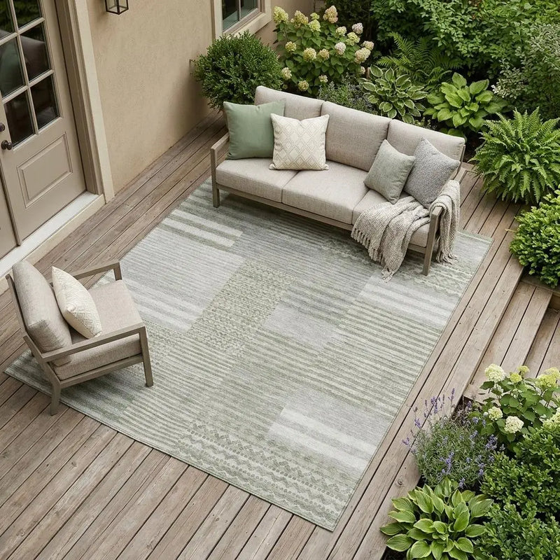 9' X 12' Sage And Green Striped Washable Indoor Outdoor Area Rug Homeroots Outdoor