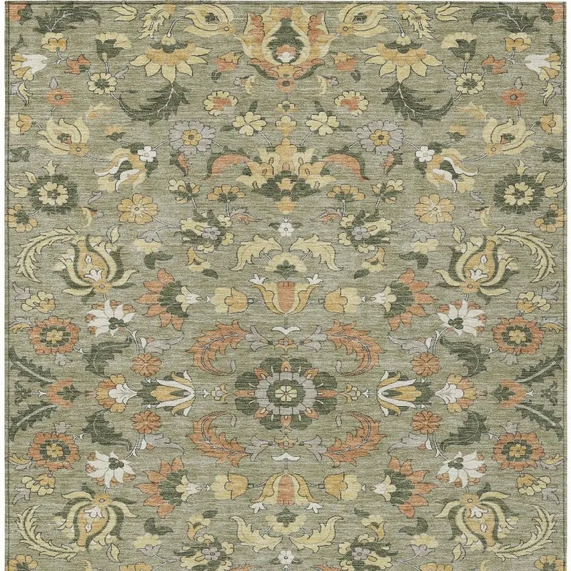 9' X 12' Sage And Olive Green Floral Medallion Washable Indoor Outdoor Area Rug Homeroots Outdoor
