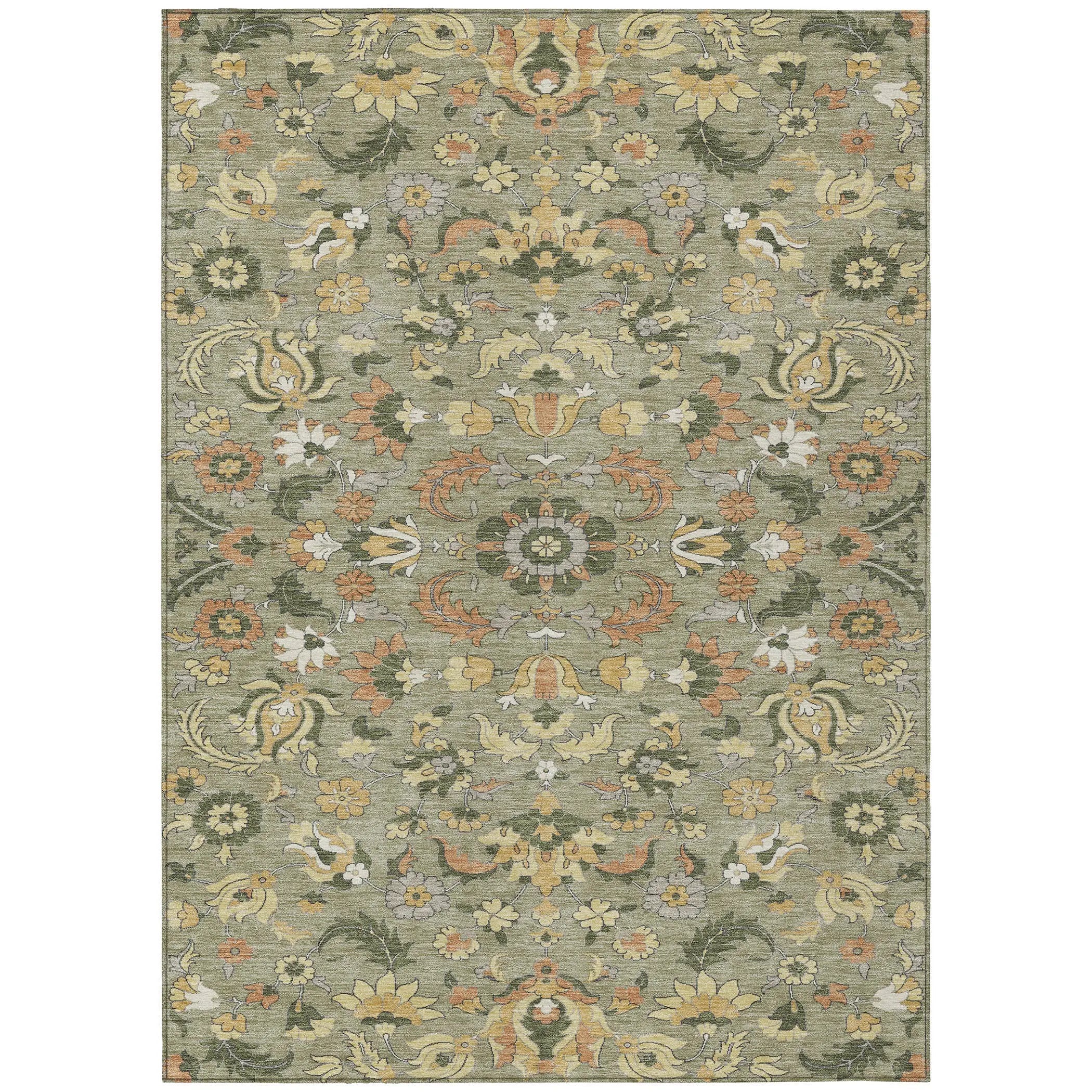 9' X 12' Sage And Olive Green Floral Medallion Washable Indoor Outdoor Area Rug Homeroots Outdoor